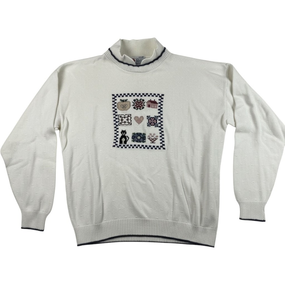 Vintage 100% Cotton Embroidered Cottage Mockneck Sweater Women M White